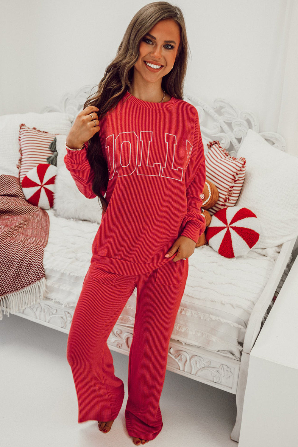 Fiery Red JOLLY Corded Long Sleeve Top and Pockets Pants Set.