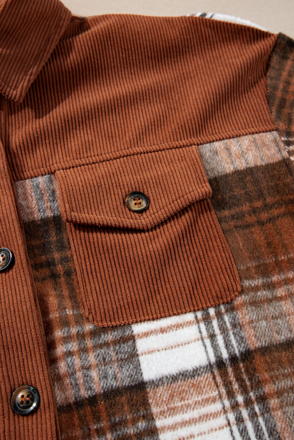 Cinnamon Plaid Corduroy Patchwork Chest Pocket Shacket.