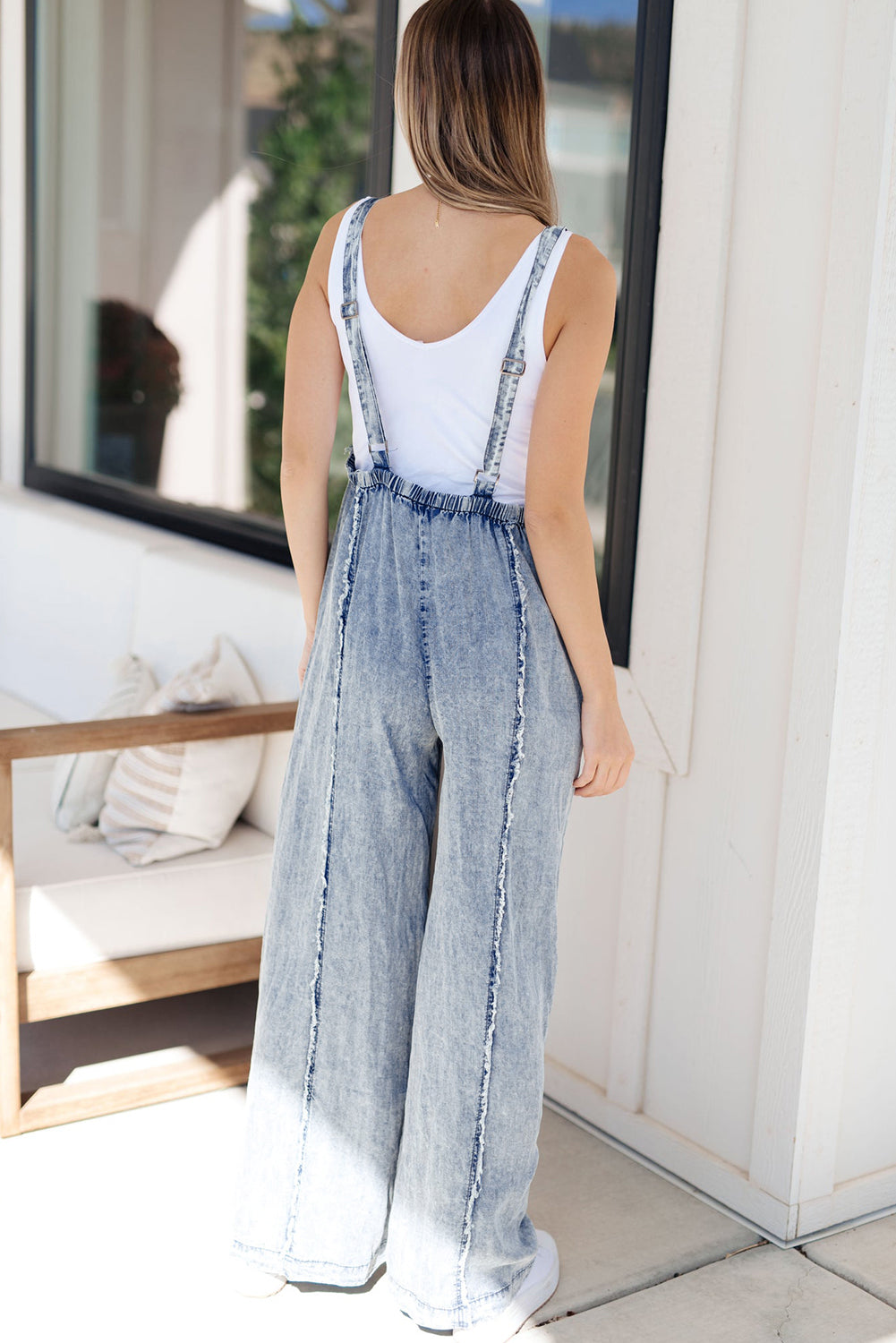 Beau Blue Light Wash Frayed Exposed Seam Wide Leg Denim Overall.