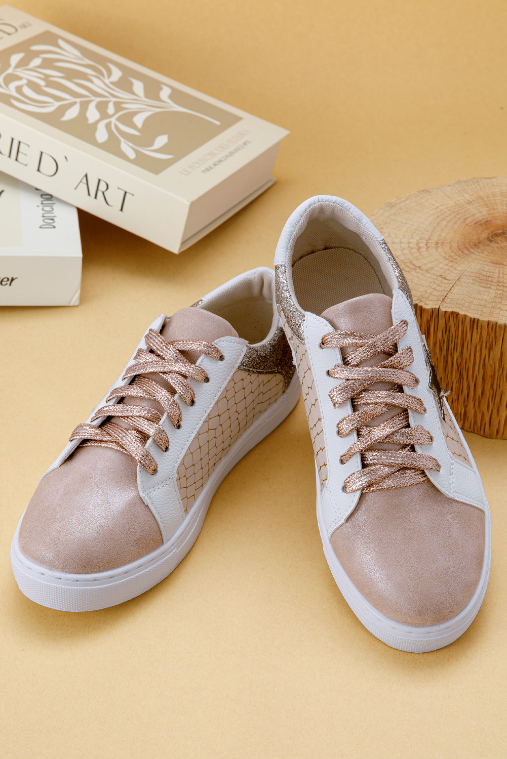 Gold Glitter Star Patchwork PU Leather Lace-up Sneakers.