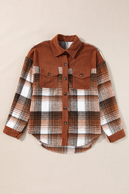 Cinnamon Plaid Corduroy Patchwork Chest Pocket Shacket.