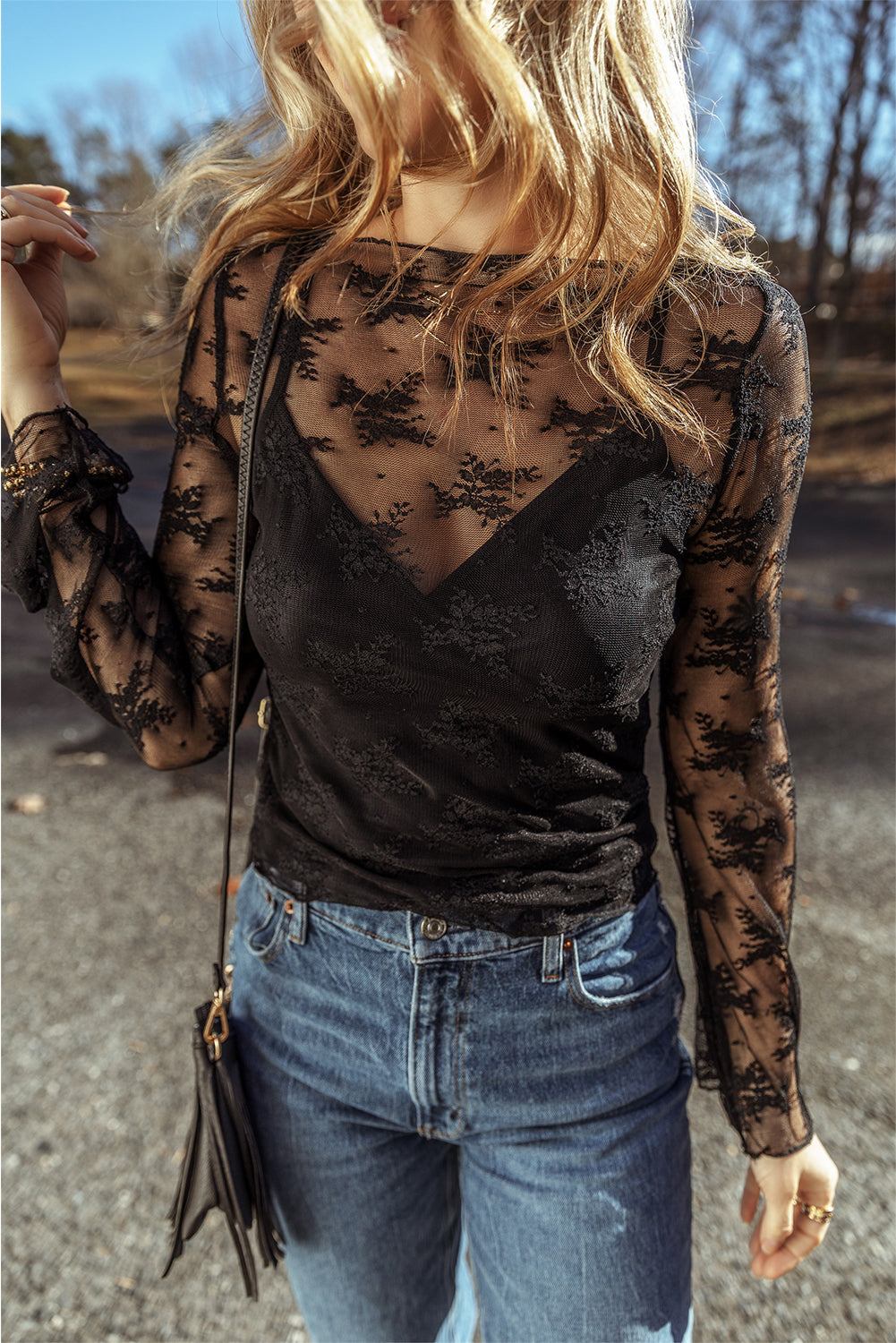 Black Lace Mesh Crochet Splicing Slim Fit Long Sleeve Blouse.