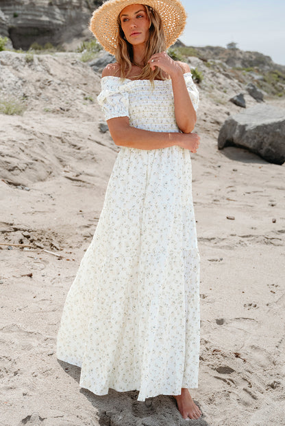 White Frilly Shirred Bodice Tiered Floral Maxi Dress.