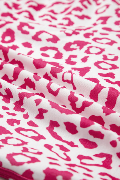 Pink Leopard Elastic Waistband Lace up Contrast Trim Casual Shorts.