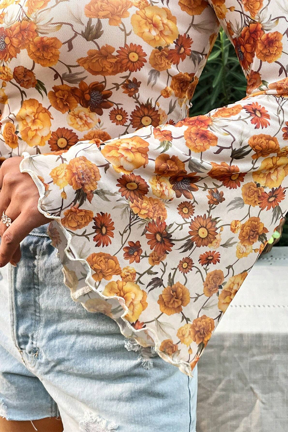 Orange Floral Printed Bell Sleeve Mock Neck Scallop Trim Blouse.