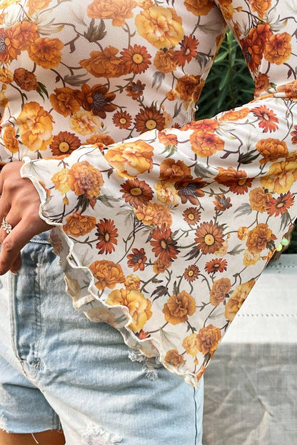 Orange Floral Printed Bell Sleeve Mock Neck Scallop Trim Blouse.