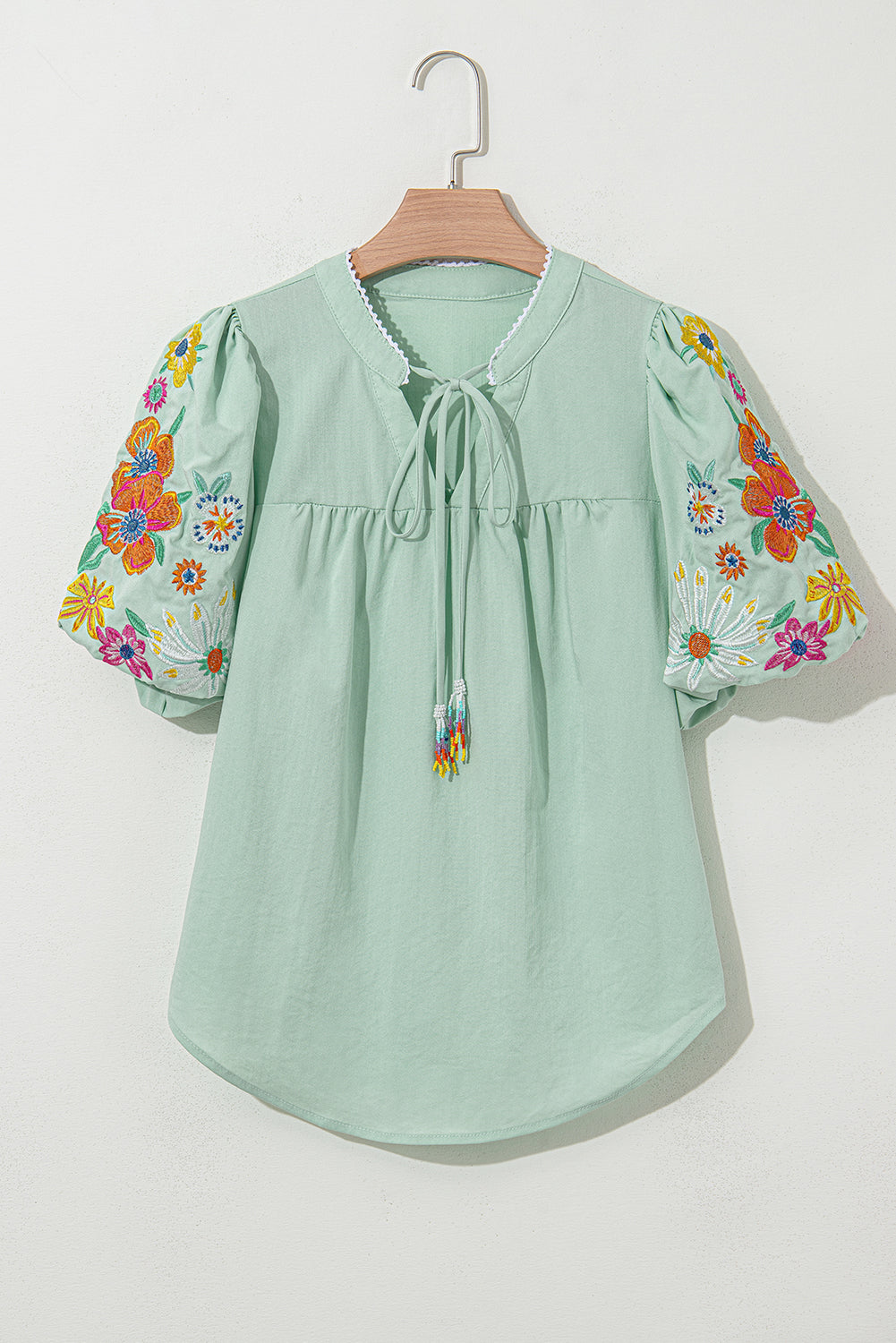 Clearly Aqua Floral Embroidered Puff Sleeve Split Neck Blouse.