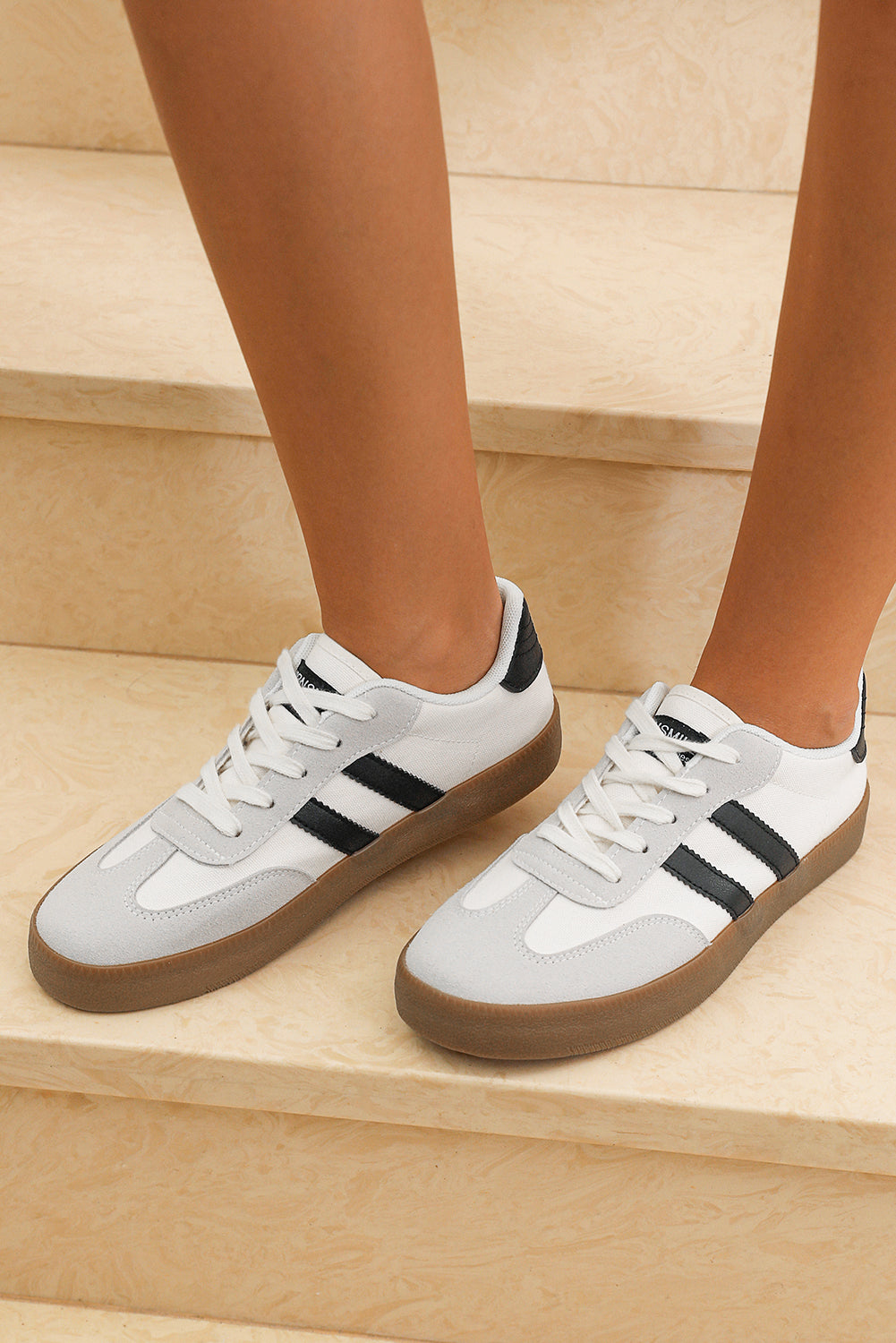 White Striped Lace-up Flat Sneakers.