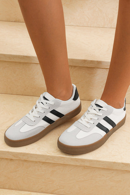 White Striped Lace-up Flat Sneakers.