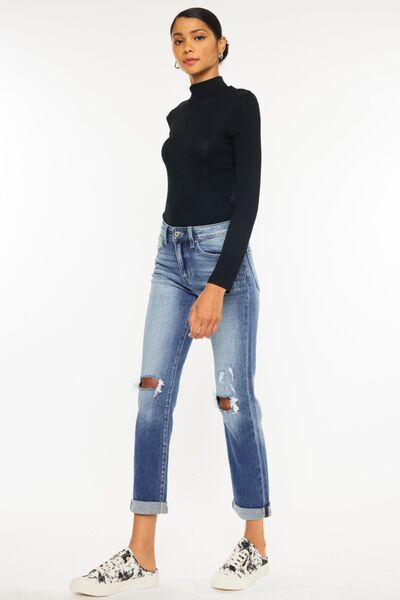 Kancan High Waist Distressed Hem Detail Cropped Straight Jeans.