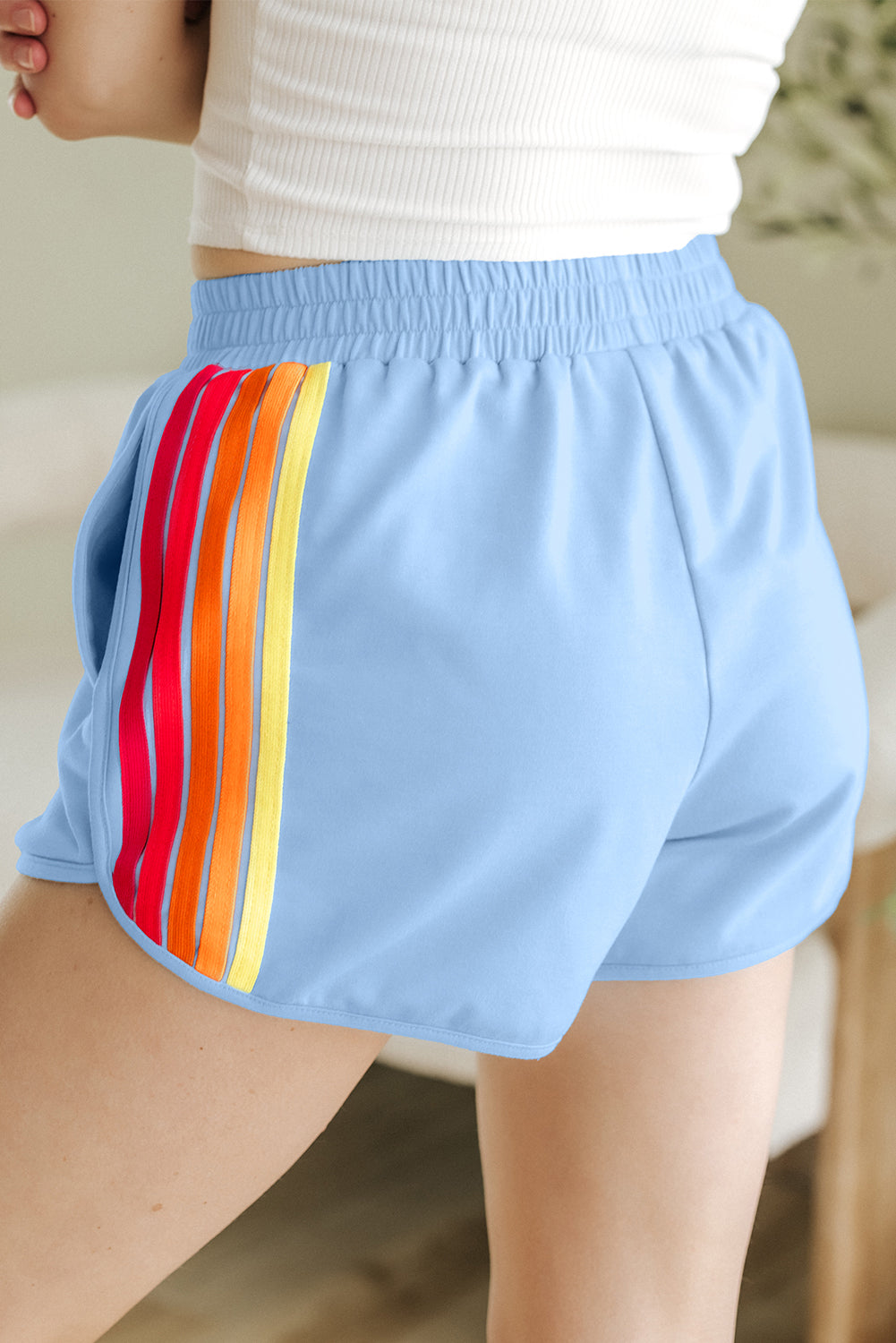 Beau Blue Color Block Stripes Elastic High Waist Active Shorts.