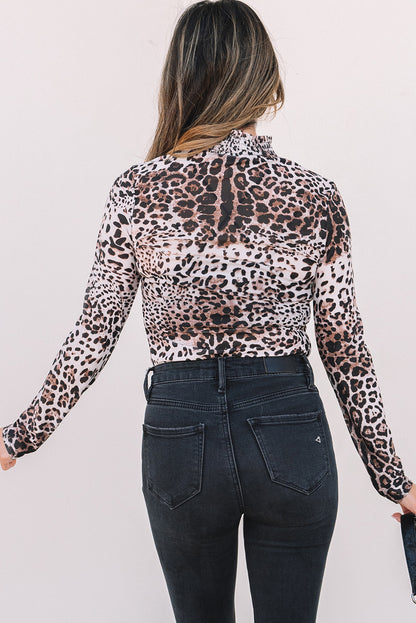 Brown Leopard Smocked Neck Mesh Long Sleeve Bodysuit.