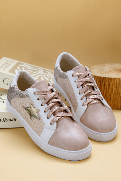 Gold Glitter Star Patchwork PU Leather Lace-up Sneakers.