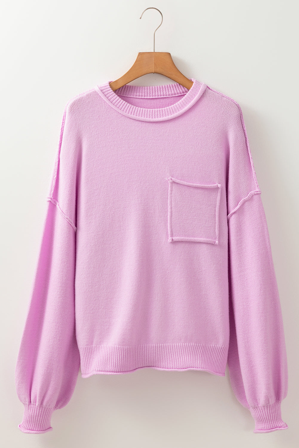 Pink Raw Edge Ribbed Detail Drop Shoulder Sweater.
