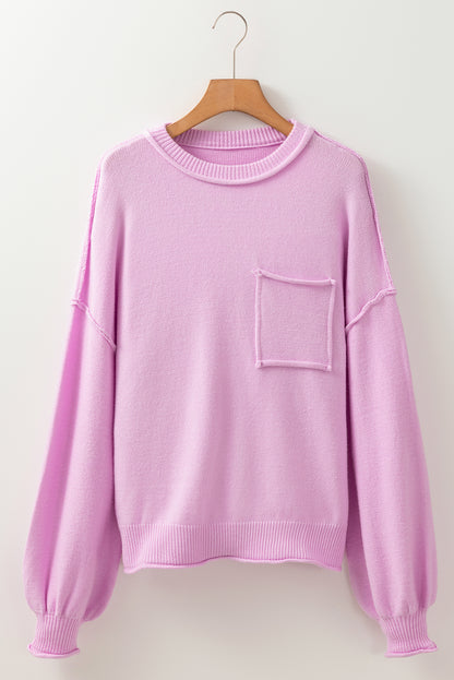 Pink Raw Edge Ribbed Detail Drop Shoulder Sweater.