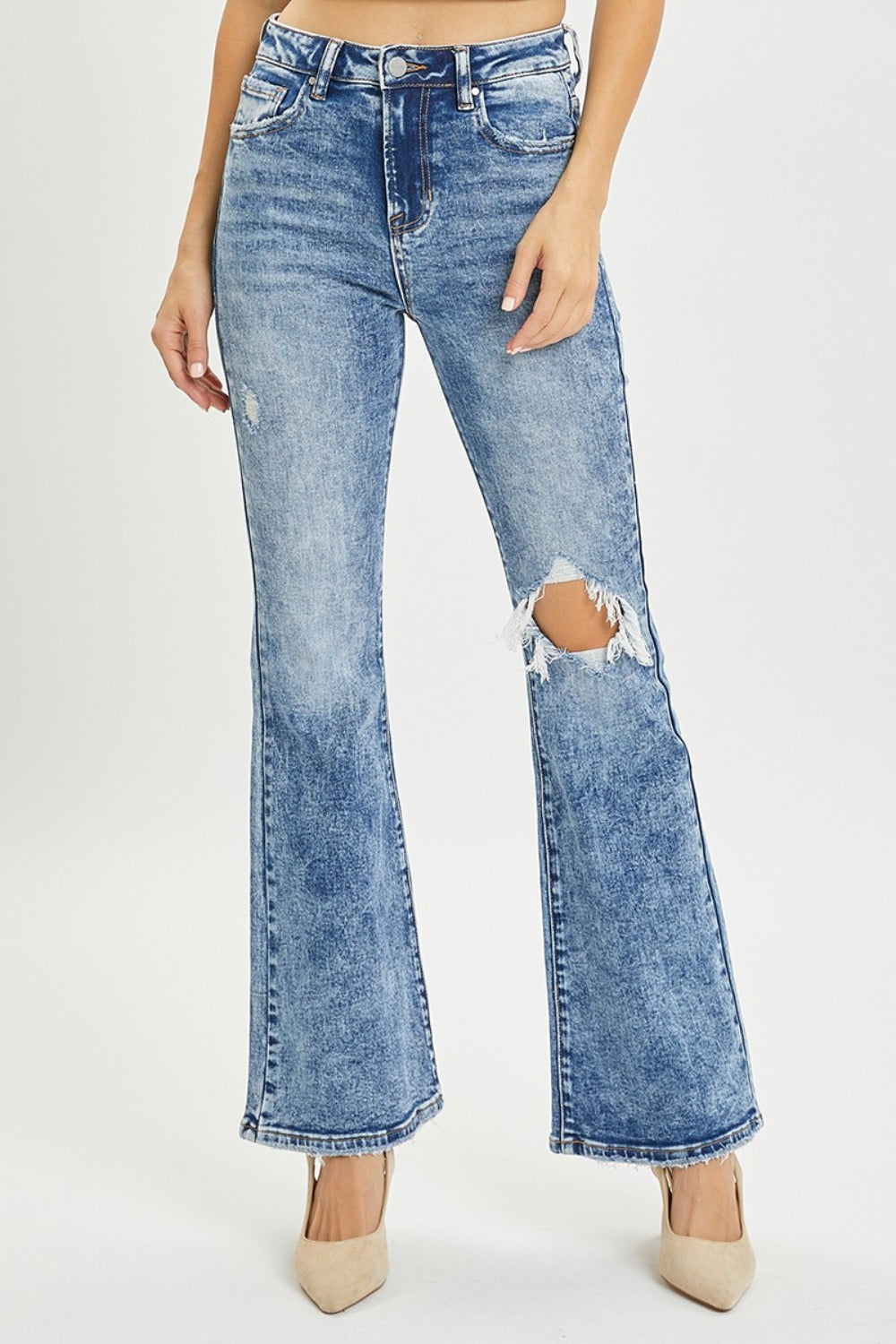 RISEN Full Size High Rise Distressed Flare Jeans.