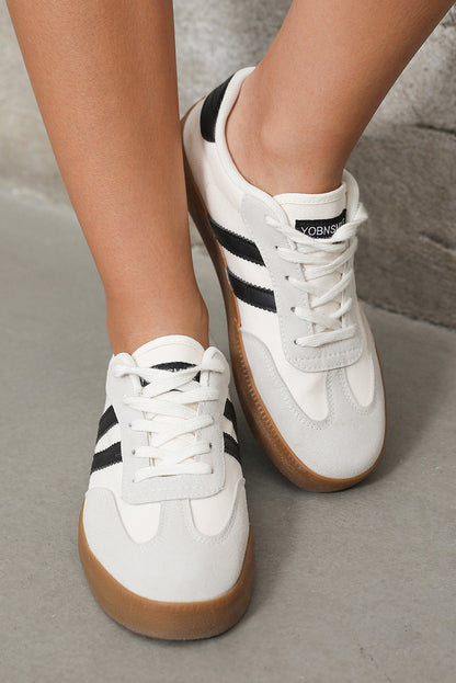 White Striped Lace-up Flat Sneakers.