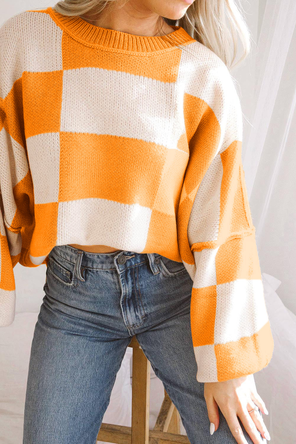 Orange Checkered Bishop Sleeve Sweater.