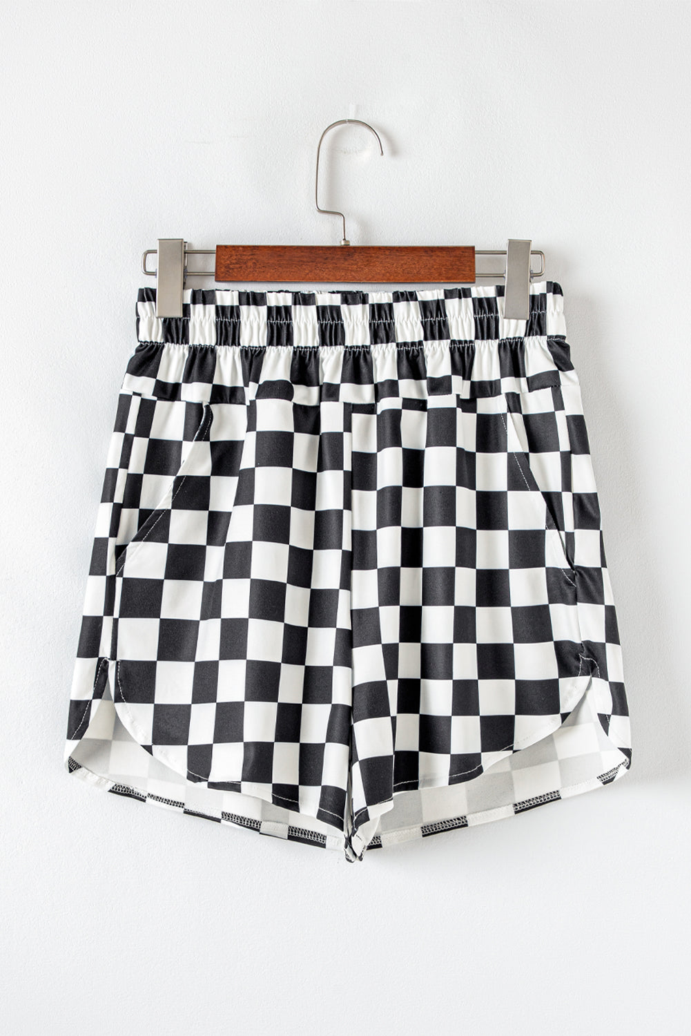Black Checkered Print High Waist Casual Shorts.