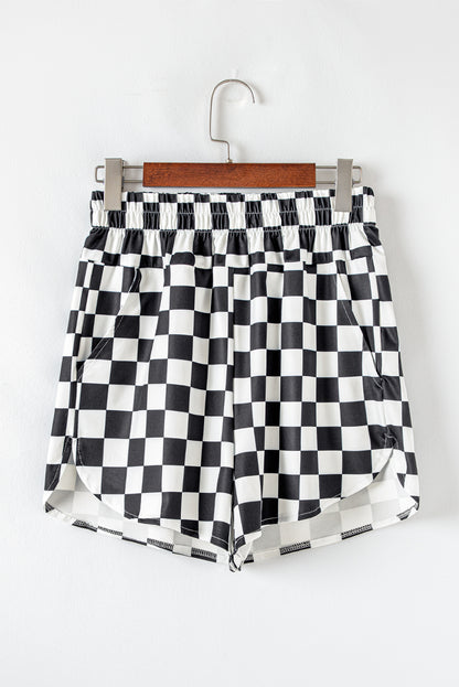 Black Checkered Print High Waist Casual Shorts.