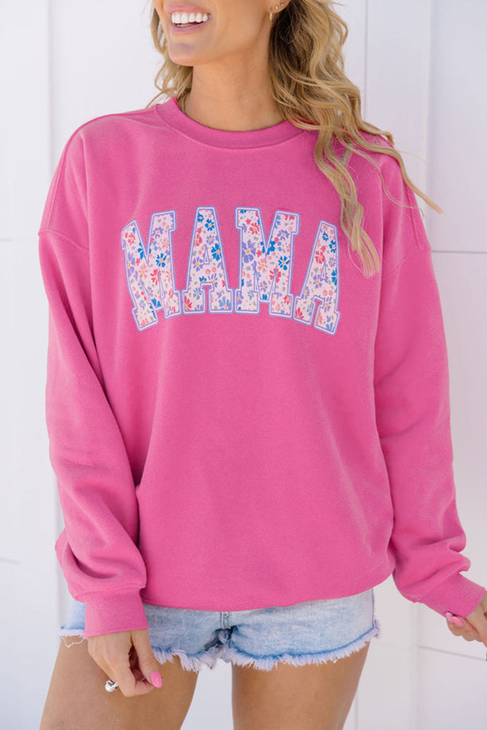 Rose Red Floral MAMA Embroidered Graphic Pullover Sweatshirt.