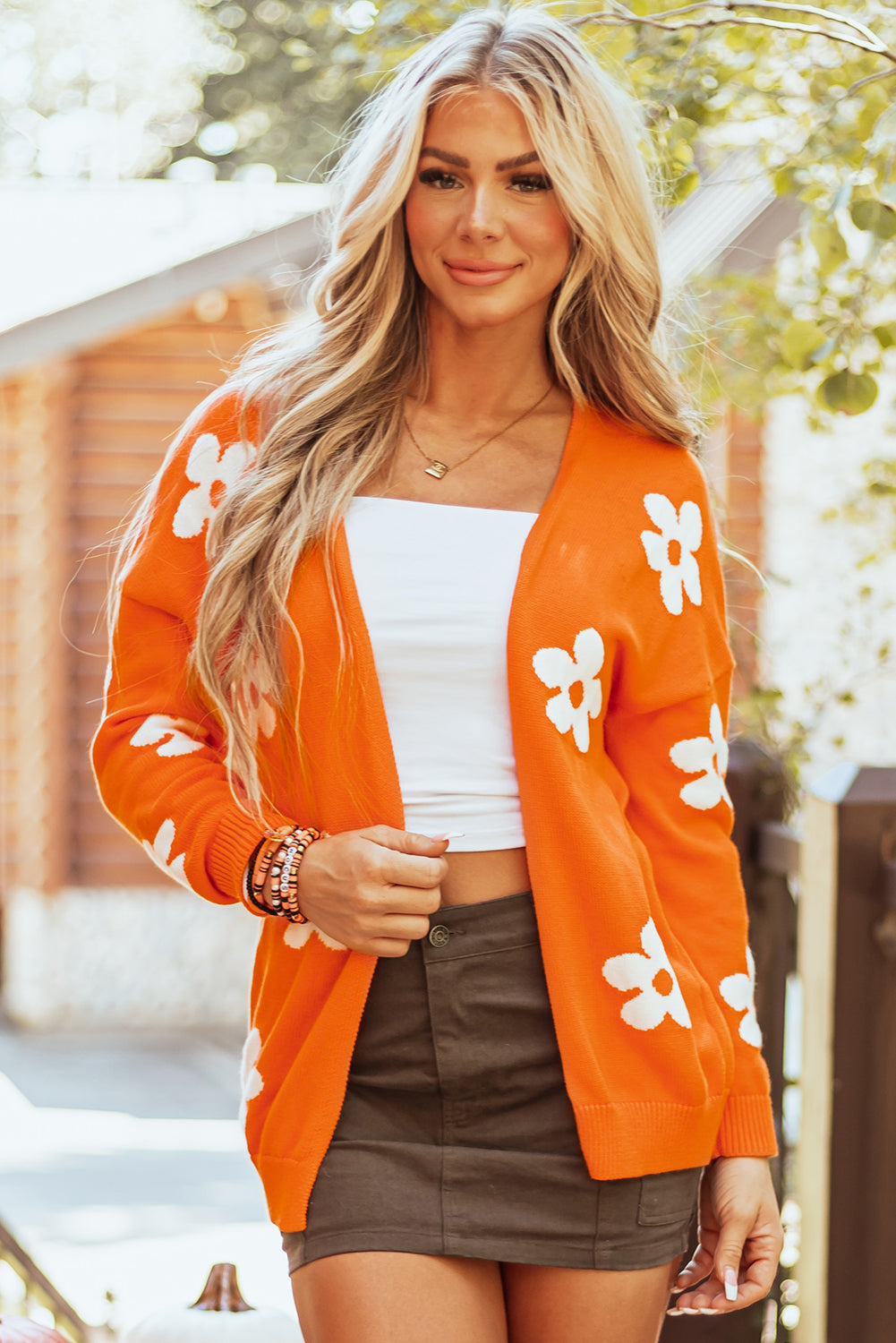 Orange Floral Print Knitted Open Front Loose Cardigan.