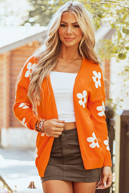 Orange Floral Print Knitted Open Front Loose Cardigan.