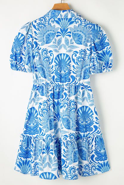 Sky Blue Retro Floral Print Drawstring Waist Ruffled Mini Dress.