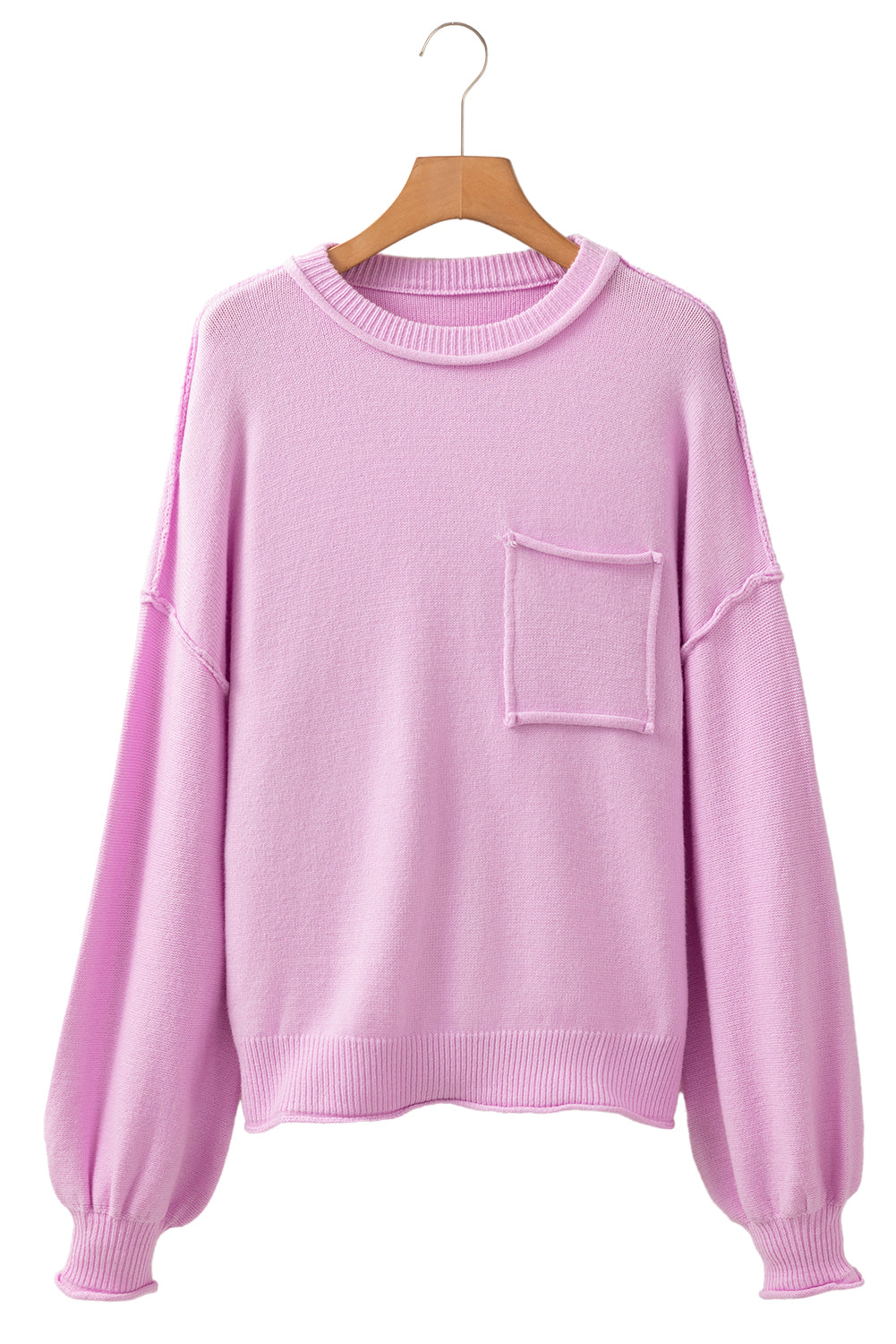 Pink Raw Edge Ribbed Detail Drop Shoulder Sweater.