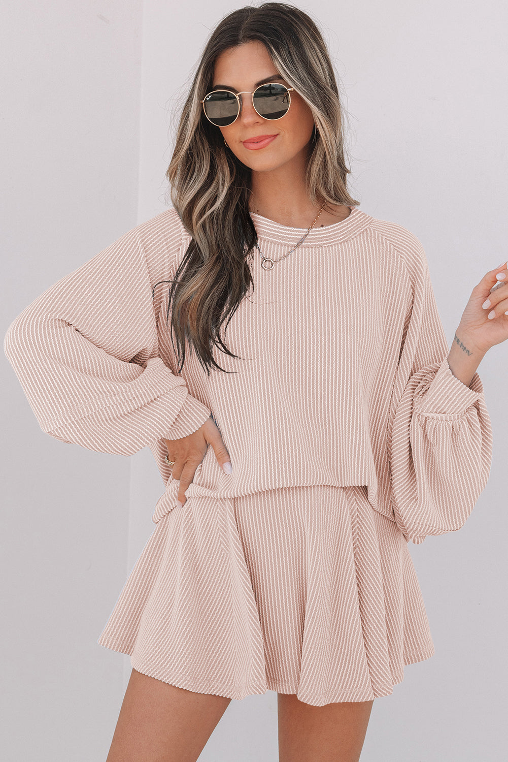 Jet Stream Corded Lantern Sleeve Top High Waist Ruffled Mini Skirt Set.