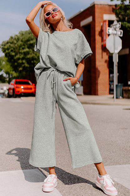Gray Textured Loose Fit T Shirt and Drawstring Pants Set.