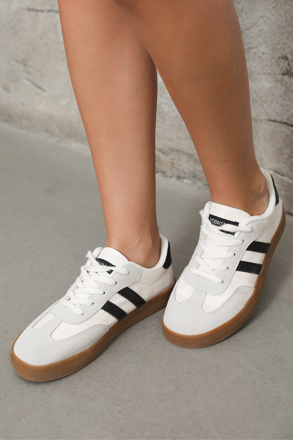 White Striped Lace-up Flat Sneakers.