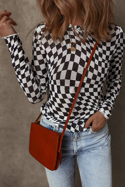 Black Checkered Pattern Mesh Mock Neck Long Sleeve Top.