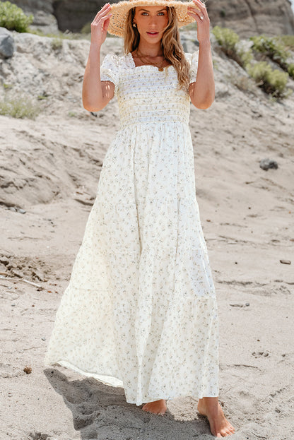 White Frilly Shirred Bodice Tiered Floral Maxi Dress.