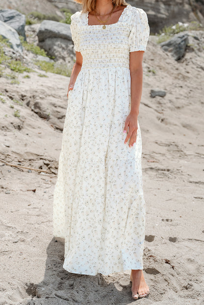 White Frilly Shirred Bodice Tiered Floral Maxi Dress.