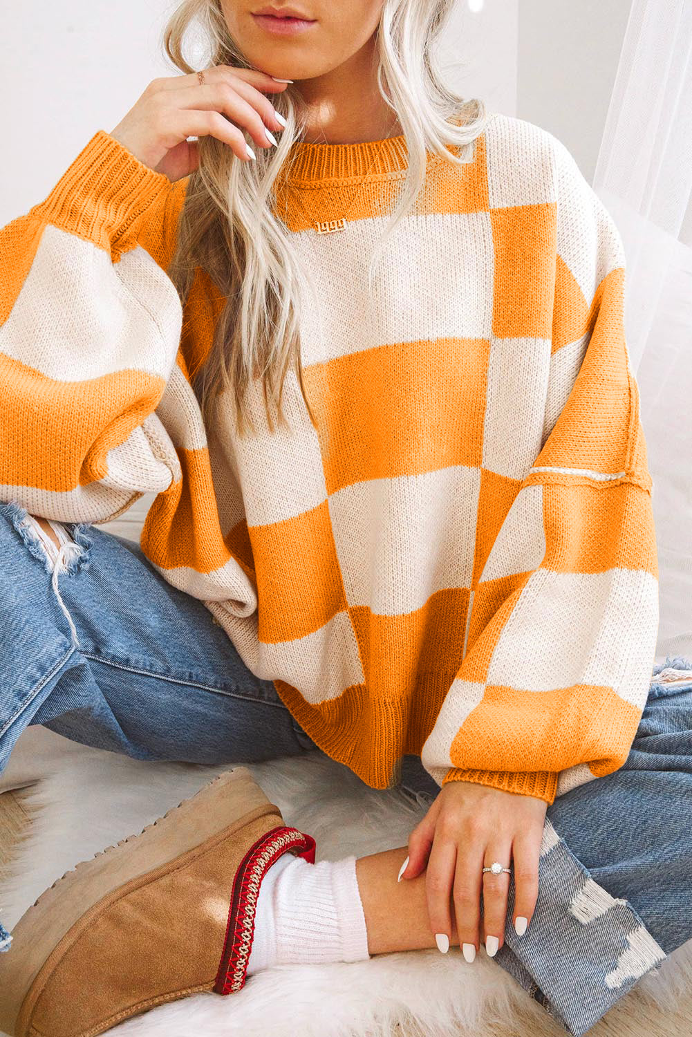 Orange Checkered Bishop Sleeve Sweater.