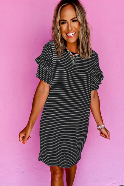 Black Stripe Ruffled Short Sleeve Crew Neck T Shirt Shift Mini Dress.