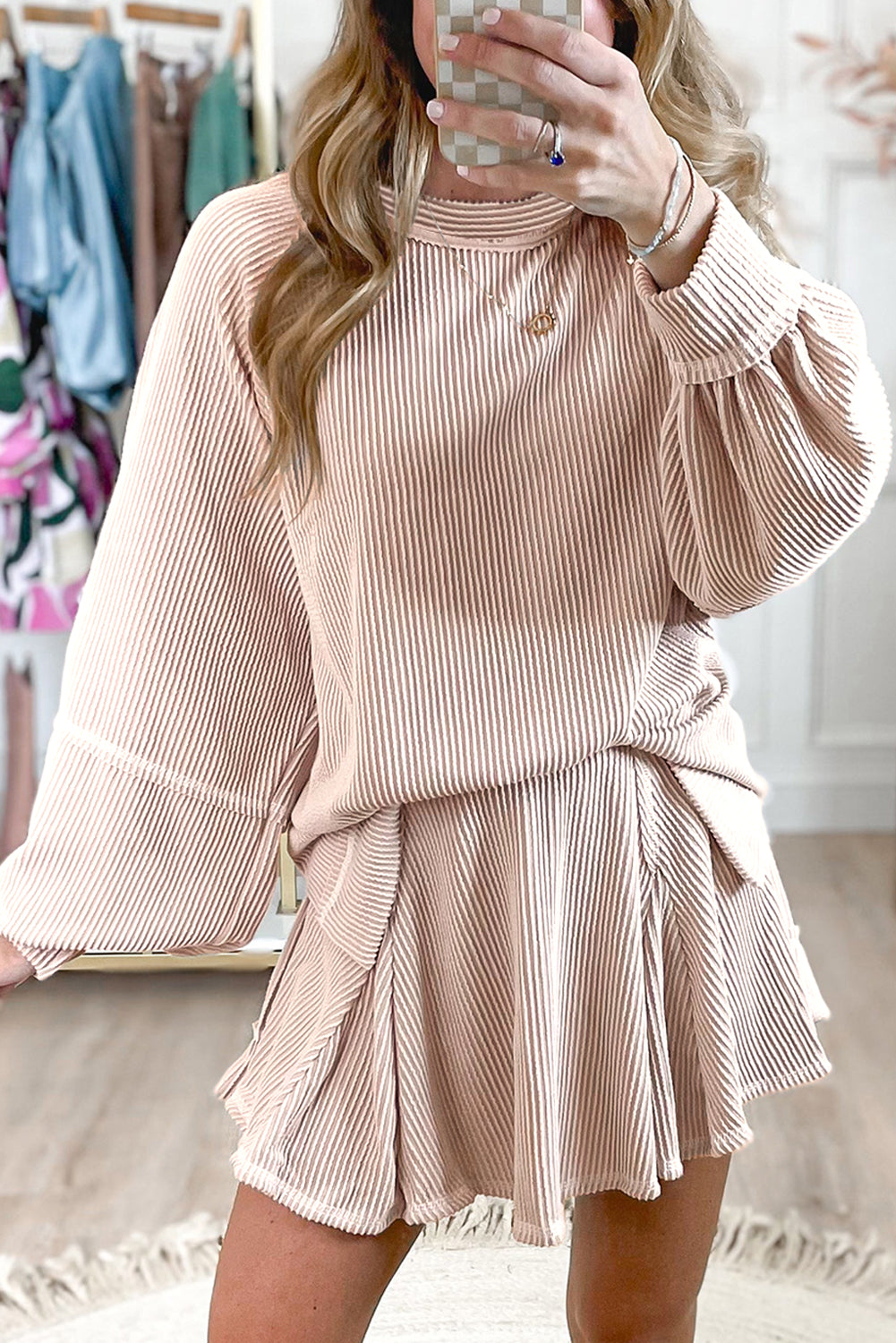 Jet Stream Corded Lantern Sleeve Top High Waist Ruffled Mini Skirt Set.