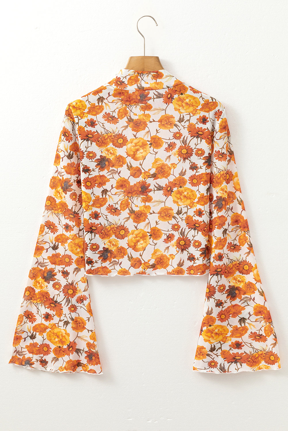 Orange Floral Printed Bell Sleeve Mock Neck Scallop Trim Blouse.