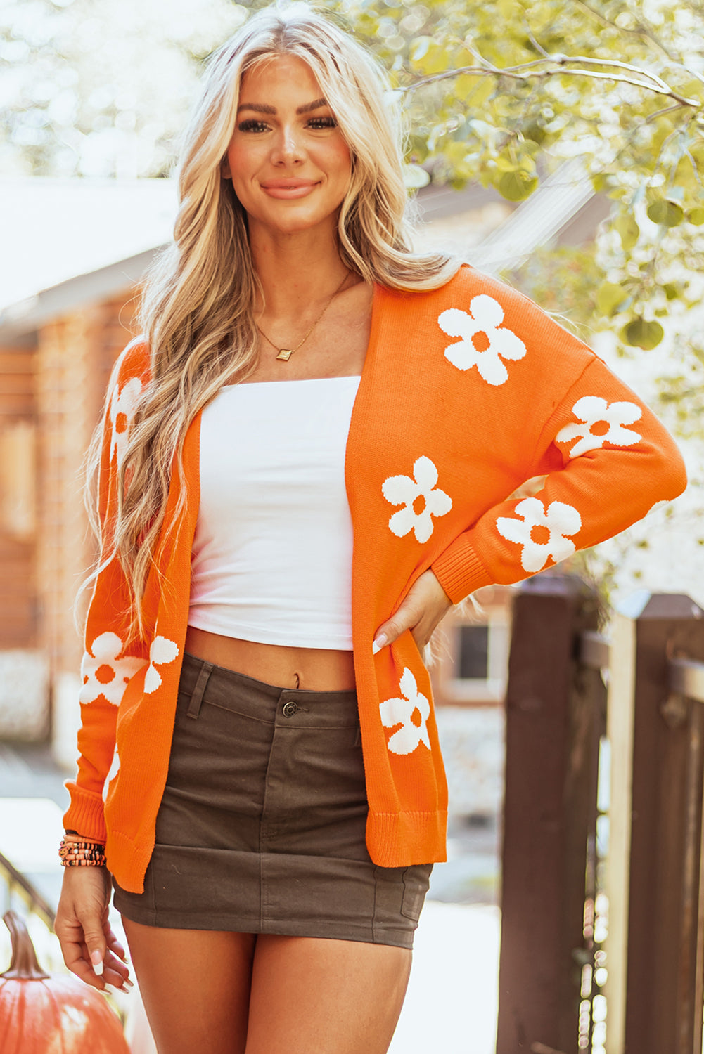 Orange Floral Print Knitted Open Front Loose Cardigan.