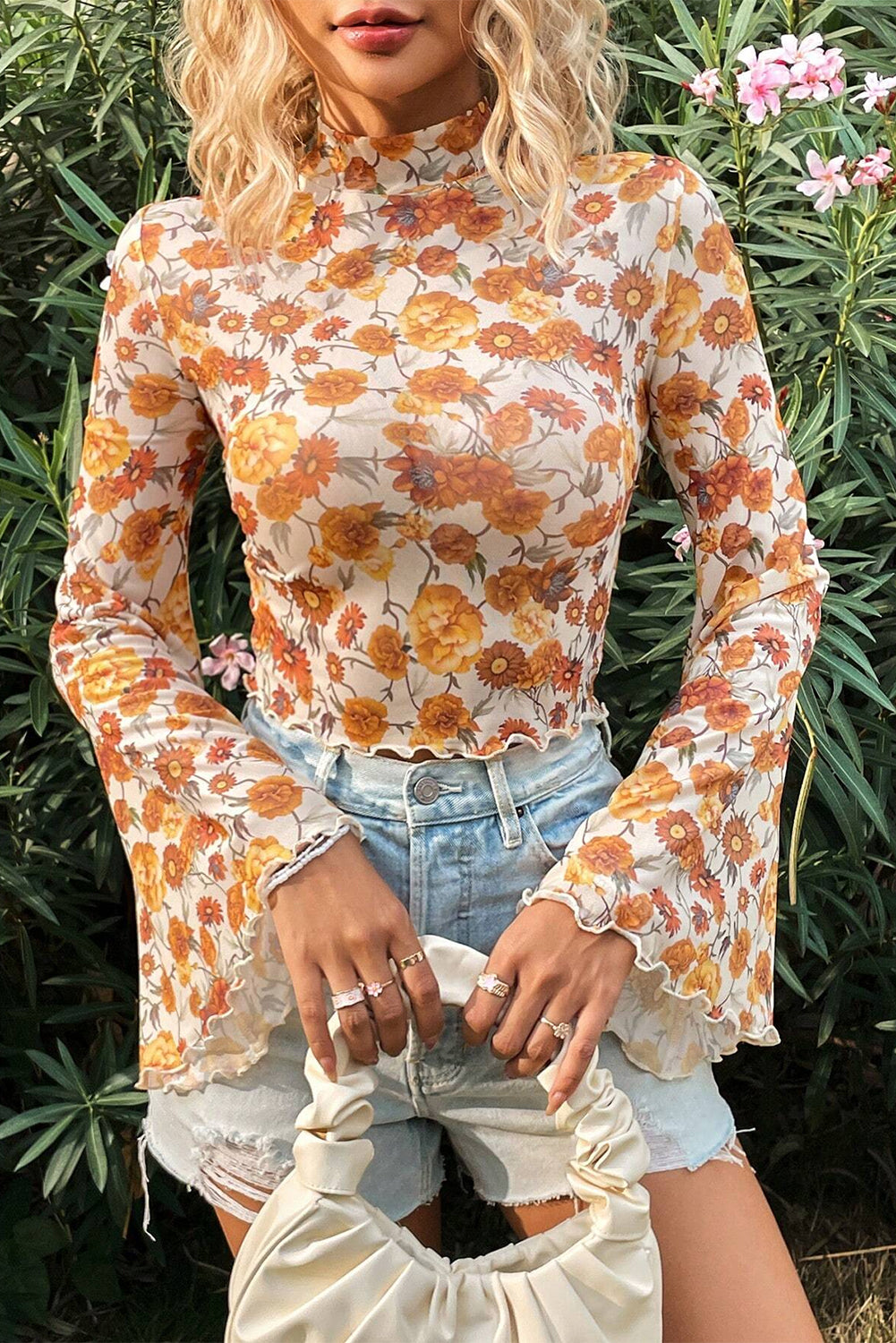 Orange Floral Printed Bell Sleeve Mock Neck Scallop Trim Blouse.