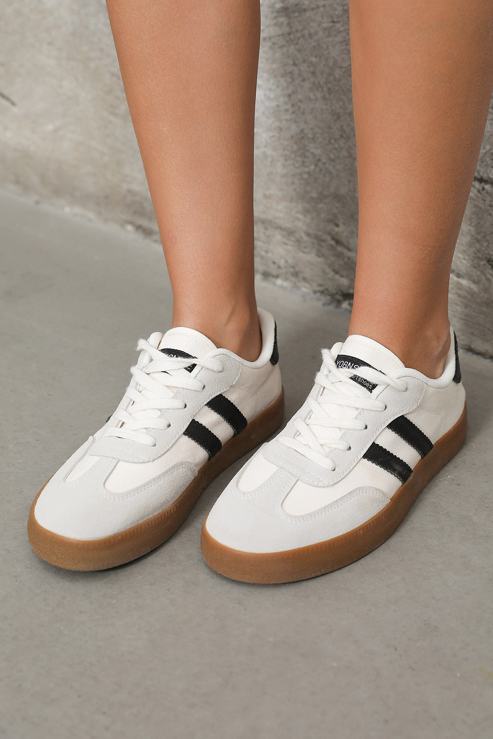 White Striped Lace-up Flat Sneakers.