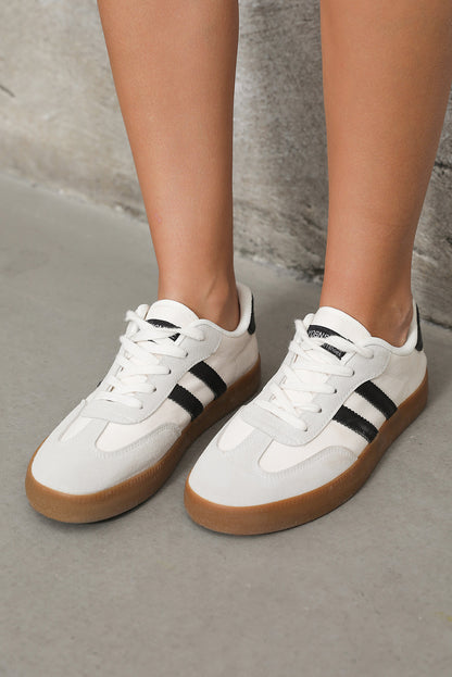 White Striped Lace-up Flat Sneakers.