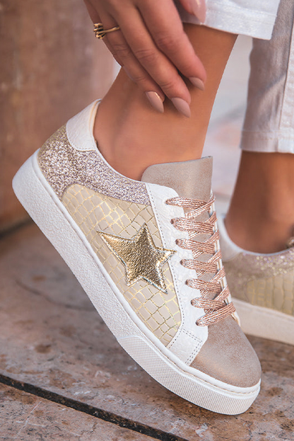 Gold Glitter Star Patchwork PU Leather Lace-up Sneakers.
