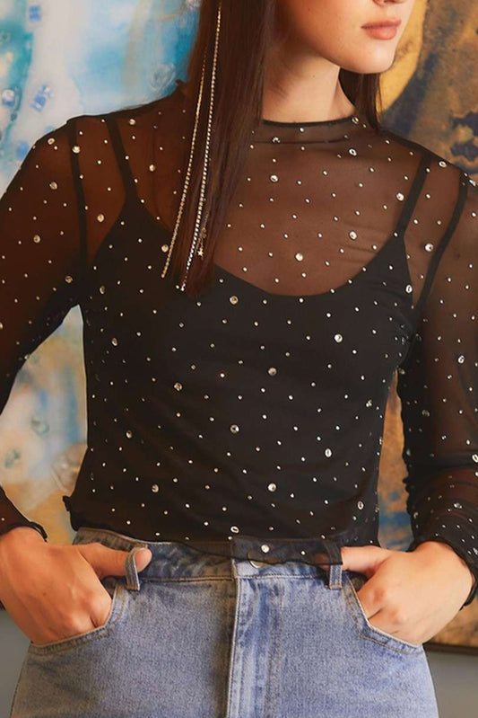 Black Rhinestone Sheer Mesh Slim Fit Long Sleeve Top.