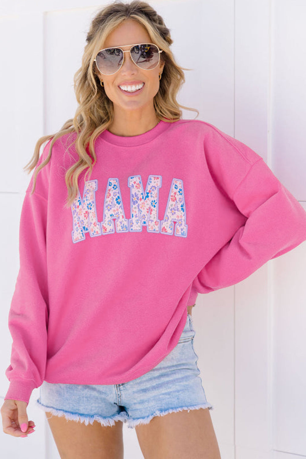 Rose Red Floral MAMA Embroidered Graphic Pullover Sweatshirt.