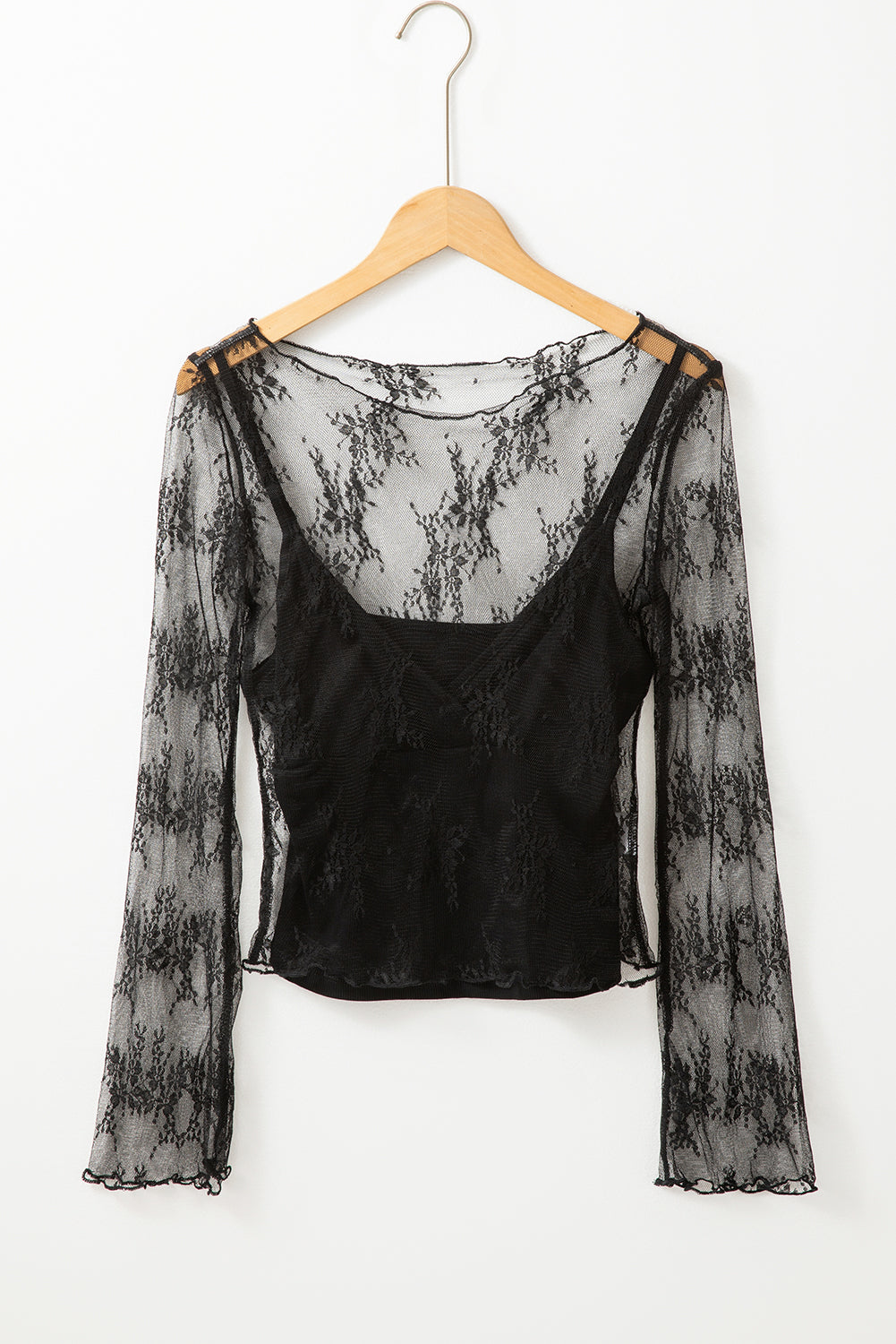 Black Lace Mesh Crochet Splicing Slim Fit Long Sleeve Blouse.