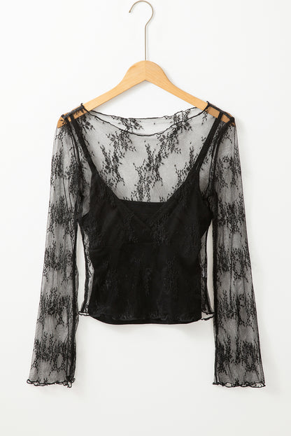 Black Lace Mesh Crochet Splicing Slim Fit Long Sleeve Blouse.