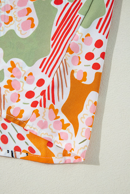 Orange Printed Split V Neck Puff Sleeve Blouse.