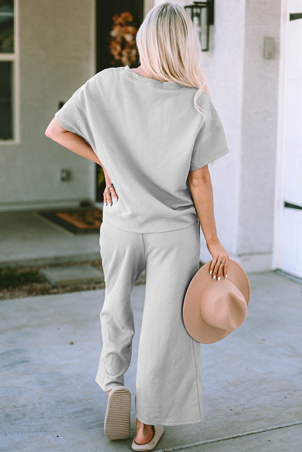 Gray Textured Loose Fit T Shirt and Drawstring Pants Set.